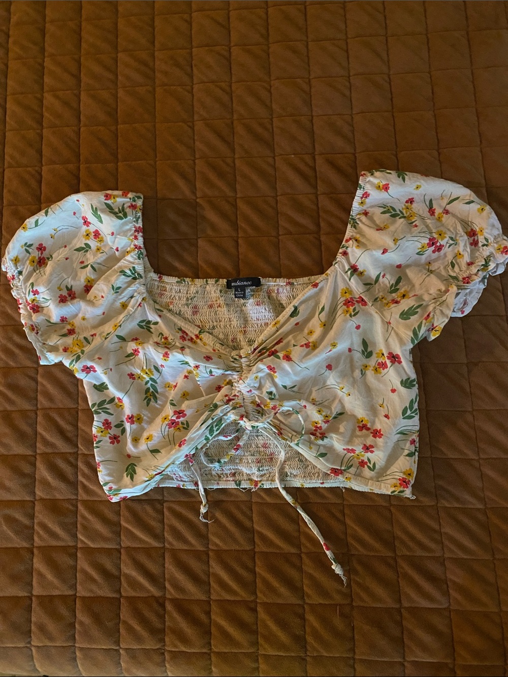 Ambiance White Floral Smocked Tie-Front Puff Sleeve Crop Top